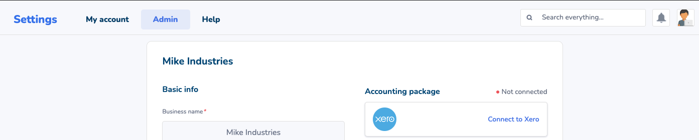Accounting packages on the admin panel. Xero is the top item in the list