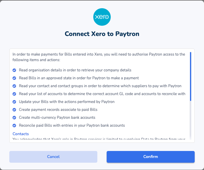 Window in Paytron detailing how we use the Xero integration in connection with our Payments.